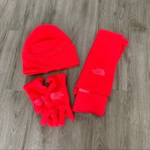 Hot pink The NorthFace beanie, scarf, and mittens